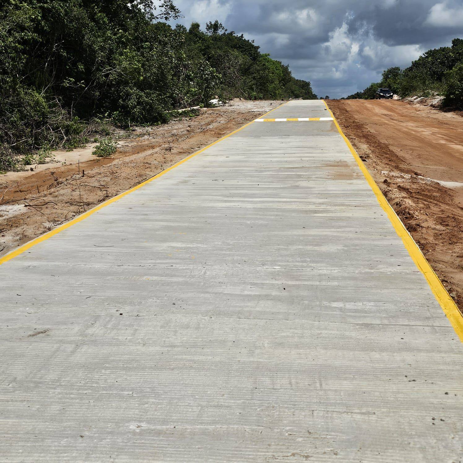 Completed concrete road with yellow edge markings cut through bush